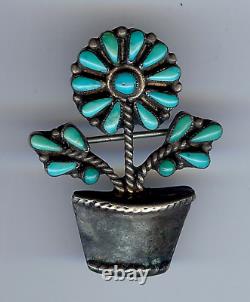 Vintage Zuni Indian Silver Turquoise Flower Pot Pin