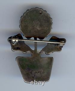 Vintage Zuni Indian Silver Turquoise Flower Pot Pin