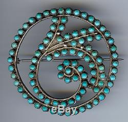 Vintage Zuni Indian Sterling Silver And Turquoise Swirl Pin
