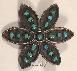 Vintage Zuni Indian Sterling Silver Floral Pattern Turquoise Pin Brooch