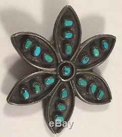 Vintage Zuni Indian Sterling Silver Floral Pattern Turquoise Pin Brooch