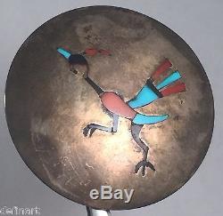 Vintage Zuni Indian Sterling Silver Roadrunner Inlay Turquoise Coral Pin Brooch
