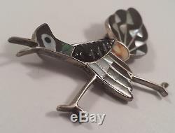 Vintage Zuni Indian Sterling Silver Running Bird Onyx MOP Shell Pin Brooch