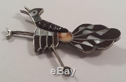Vintage Zuni Indian Sterling Silver Running Bird Onyx MOP Shell Pin Brooch