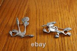 Vintage Zuni Inlaid Turquoise Sterling Silver Roadrunner and Wile E Coyote Pins