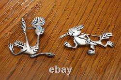 Vintage Zuni Inlaid Turquoise Sterling Silver Roadrunner and Wile E Coyote Pins