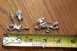 Vintage Zuni Inlaid Turquoise Sterling Silver Roadrunner and Wile E Coyote Pins