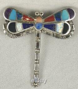 Vintage Zuni Inlay DRAGONFLY Turquoise Opal Jet Lapis Coral Pin Pendant Signed