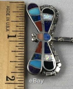 Vintage Zuni Inlay DRAGONFLY Turquoise Opal Jet Lapis Coral Pin Pendant Signed