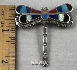 Vintage Zuni Inlay DRAGONFLY Turquoise Opal Jet Lapis Coral Pin Pendant Signed