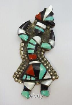 Vintage Zuni Inlay Rainbow Man Pin Brooch Pendant Signed 3 1/8