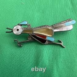 Vintage Zuni Inlay Roadrunner Brooch Pin Sterling Turquoise Coral Abalone