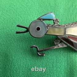 Vintage Zuni Inlay Roadrunner Brooch Pin Sterling Turquoise Coral Abalone