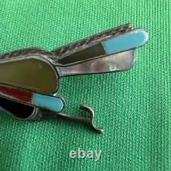 Vintage Zuni Inlay Roadrunner Brooch Pin Sterling Turquoise Coral Abalone
