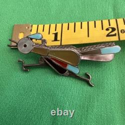Vintage Zuni Inlay Roadrunner Brooch Pin Sterling Turquoise Coral Abalone