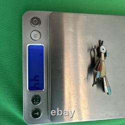 Vintage Zuni Inlay Roadrunner Brooch Pin Sterling Turquoise Coral Abalone