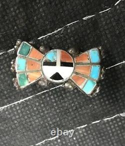 Vintage Zuni Inlay Sun Face Wings Pin Brooch Sterling Silver Turquoise 1 1/4