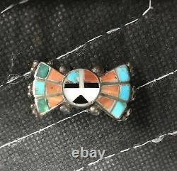 Vintage Zuni Inlay Sun Face Wings Pin Brooch Sterling Silver Turquoise 1 1/4