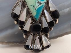 Vintage Zuni J. Poncho Peyote Water Bird Pin sterling Inlay Turquoise Jet MOP