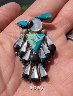 Vintage Zuni J. Poncho Peyote Water Bird Pin sterling Inlay Turquoise Jet MOP