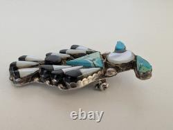 Vintage Zuni J. Poncho Peyote Water Bird Pin sterling Inlay Turquoise Jet MOP
