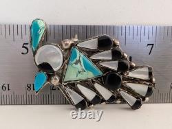 Vintage Zuni J. Poncho Peyote Water Bird Pin sterling Inlay Turquoise Jet MOP