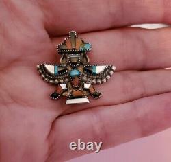 Vintage Zuni Knifewing Sterling Silver Turquoise Coral Onyx Inlay Pin/Brooch
