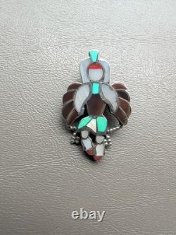 Vintage Zuni L Harker Sterl Silver Channel Inlay Eagle Dancer Pin Pendant 1½