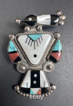 Vintage Zuni Magpie Turquoise MOP Inlay Sterling Silver Pin 2 12g #157