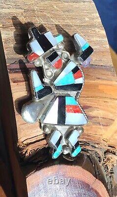 Vintage Zuni Multi Stone Inlay Dancing Rainbow Man Sterling Silver Pin Brooch