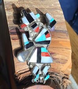 Vintage Zuni Multi Stone Inlay Dancing Rainbow Man Sterling Silver Pin Brooch