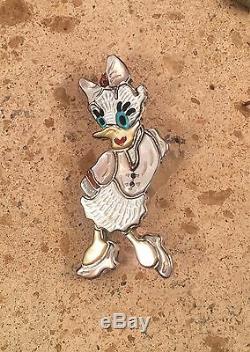 Vintage Zuni Multi Stone & Sterling Silver Inlay Daisy Duck Pin/ Pendant