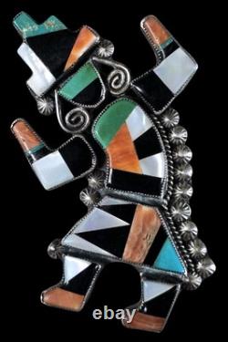Vintage Zuni Multi-inlay Rainbow Dancer Sterling Silver Brooch Pin Great Color