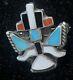 Vintage Zuni Native American Inlay Sterling Silver Knifewing Pin Turquoise