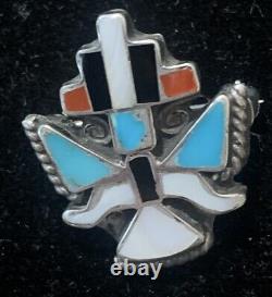 Vintage Zuni Native American Inlay Sterling Silver Knifewing Pin Turquoise