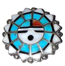 Vintage Zuni Native American Silver Inlay Sun Face Artisan Brooch Pin
