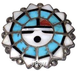 Vintage Zuni Native American Silver Inlay Sun Face Artisan Brooch Pin