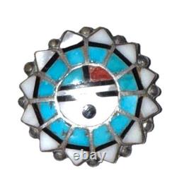 Vintage Zuni Native American Silver Inlay Sun Face Artisan Brooch Pin