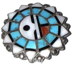 Vintage Zuni Native American Silver Inlay Sun Face Artisan Brooch Pin