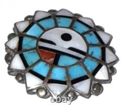Vintage Zuni Native American Silver Inlay Sun Face Artisan Brooch Pin
