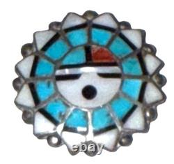 Vintage Zuni Native American Silver Inlay Sun Face Artisan Brooch Pin