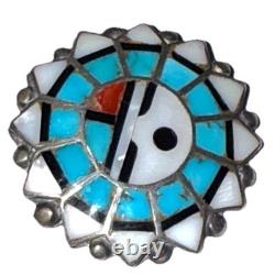 Vintage Zuni Native American Silver Inlay Sun Face Artisan Brooch Pin