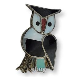 Vintage Zuni Native American Sterling Silver 925 Owl Inlay Brooch Pin