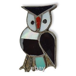 Vintage Zuni Native American Sterling Silver 925 Owl Inlay Brooch Pin