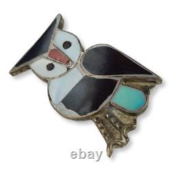 Vintage Zuni Native American Sterling Silver 925 Owl Inlay Brooch Pin