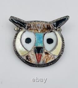 Vintage Zuni Native American Sterling Silver Turquoise Inlay Owl Pin