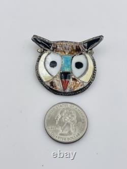 Vintage Zuni Native American Sterling Silver Turquoise Inlay Owl Pin