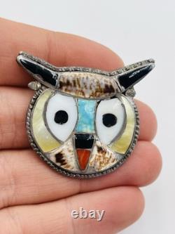 Vintage Zuni Native American Sterling Silver Turquoise Inlay Owl Pin