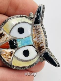 Vintage Zuni Native American Sterling Silver Turquoise Inlay Owl Pin