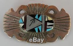 Vintage Zuni Native American sandcast sterling silver & gem inlay pin, brooch